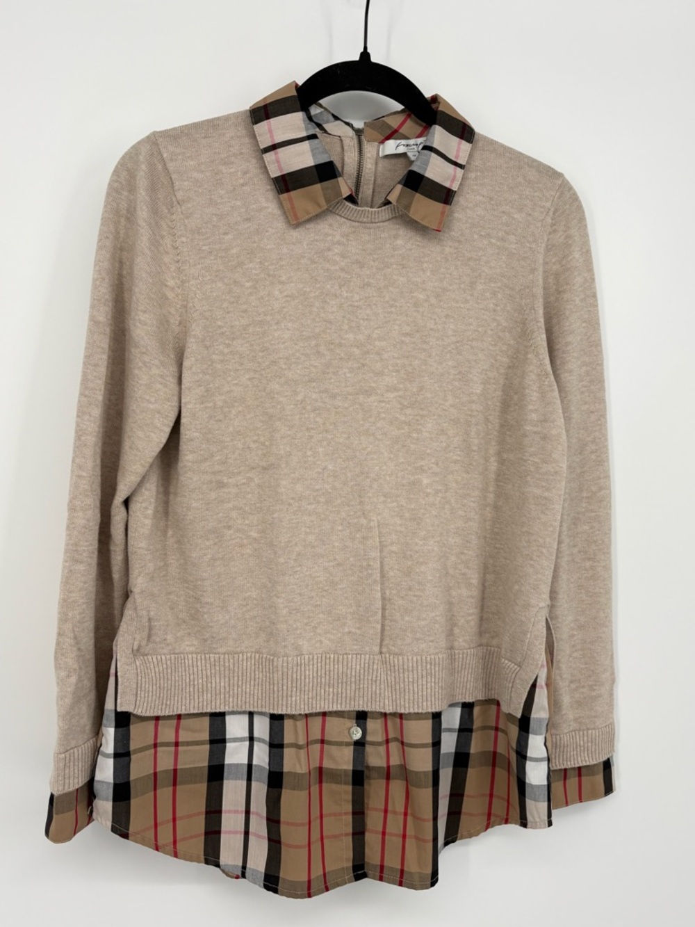 Foxcroft Beige Layered Shirt Sweater with Nova Check Print Size Medium